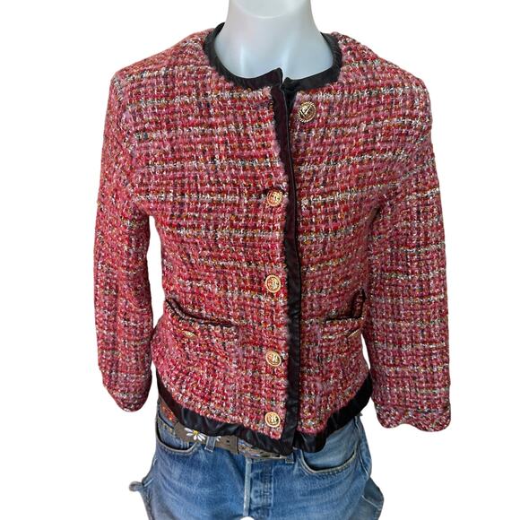 English Factory Tweed Blazer SMALL Boxy Boucle Faux Leather Trim Clueless $210 - Picture 4 of 10